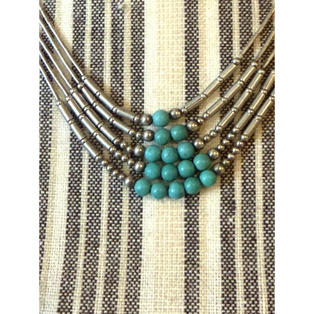 Vintage 5-Strand Liquid STERLING SILVER and Turquoise Beaded 18" Necklace - Picture 2 of 16